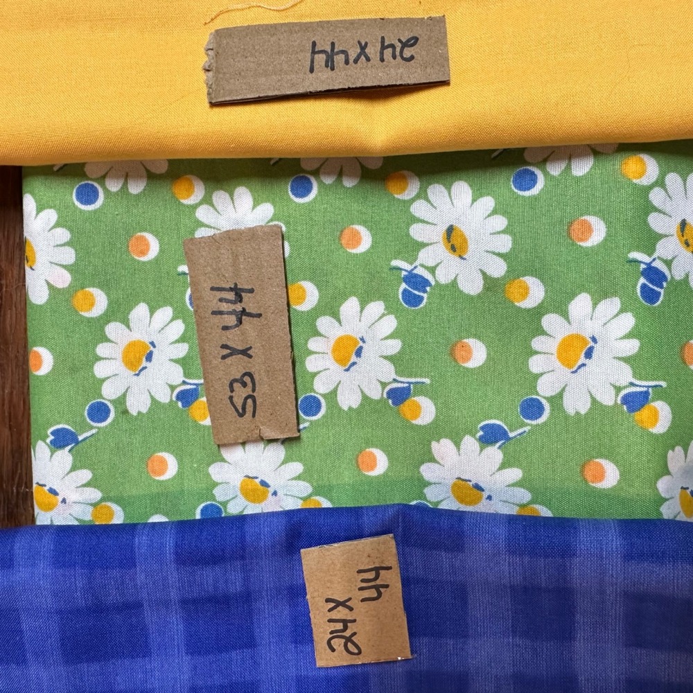 Vintage Cotton Fabric Bundle Daisy Floral Blue Plaid Solid Yellow 3pc Remnants